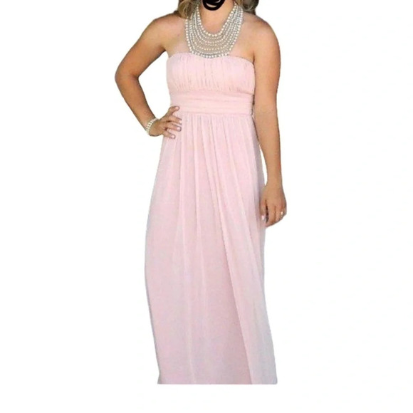 DAVID’S Bridal Petite Maxi Empire Waist Dress with Pearl Necklace - Size 3 - Picture 2 of 13